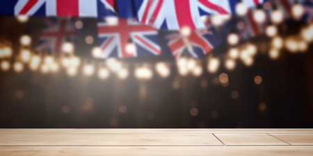 Empty wooden product display table with UK union jack party flag decorations . Generative aiの素材