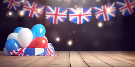 Empty wooden product display table with UK union jack party flag decorations . Generative aiの素材