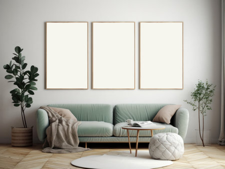 Mock up picture frame on wall in modern boho interior living room. Generative aiの素材