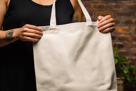 A person carrying a blank shopping tote bag. Canvas bag mockup. Generative aiの素材