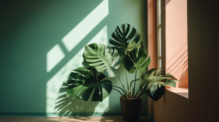 Shadows cast on a pastel room wall with tropical summer plants. Background mockup for product display. Generative aiの素材
