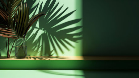 Summer tropical leaf with shadow on a green wall. Product display mockup scene. Generative aiの素材