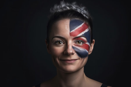 Portrait of a happy woman with her face painted in Union jack Great britain flag. Generative aiの素材
