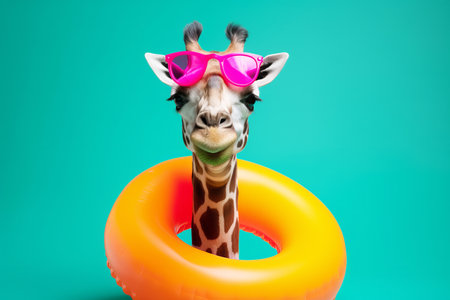 A giraffe ready for a summer vacation with sunglasses and an inflatable rubber ring. Generative aiの素材