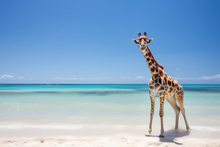 A giraffe relaxing on a beach on a summer vacation. Generative aiの素材