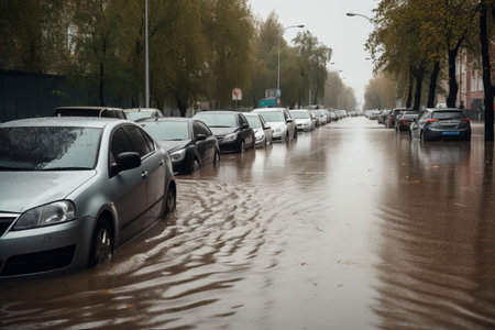 Cars submerged in flood water. Generative aiの素材