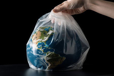 A person putting earth in a plastic bag. global environment concept. Generative aiの素材