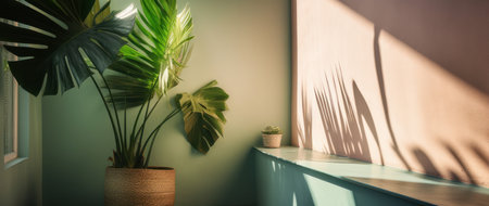 Shadows cast on a pastel room wall with tropical summer plants. Background mockup for product display. Generative aiの素材