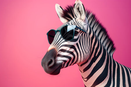 Portrait of a trendy zebra wearing cool sunglasses. Summer holiday concept. Generative aiの素材