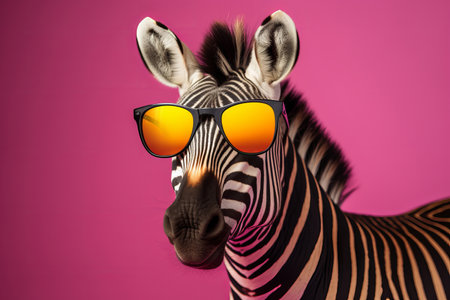 Portrait of a trendy zebra wearing cool sunglasses. Summer holiday concept. Generative aiの素材