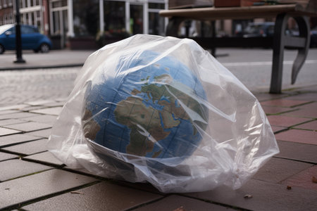 Earth in a plastic bag left on the street like rubbish. Environment concept. Generative aiの素材