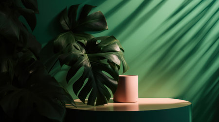 Summer tropical leaf with shadow on a green wall. Product display mockup scene. Generative aiの素材