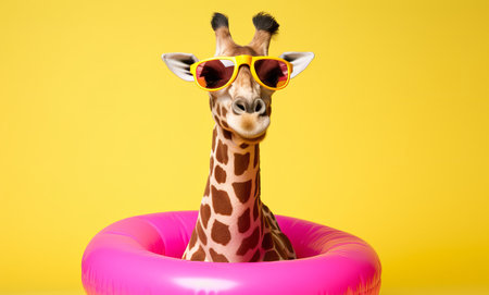A giraffe ready for a summer vacation with sunglasses and an inflatable rubber ring. Generative aiの素材