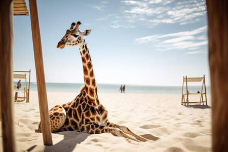 A giraffe relaxing on a beach on a summer vacation. Generative aiの素材