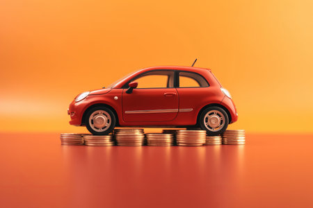 Model toy car with coin money. Concept of car insurance buying and selling vehicles. Generative aiの素材