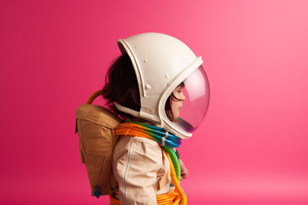 A child playing with a cardboard toy astronaut costume. Childhood ambition concept. Generative aiの素材