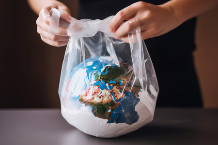 A person putting earth in a plastic bag. global environment concept. Generative aiの素材