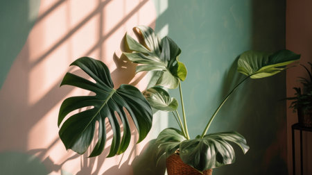 Shadows cast on a pastel room wall with tropical summer plants. Background mockup for product display. Generative aiの素材