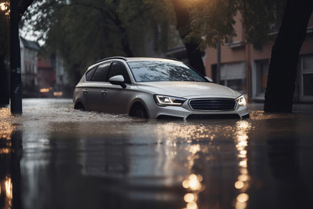 Car submerged in flood water. Car insurance concept. Generative aiの素材