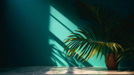 Summer tropical leaf with shadow on a green wall. Product display mockup scene. Generative aiの素材