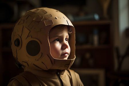 A portrait of a child wearing a homemade astronaut space helmet. Childhood ambition concept. Generative aiの素材