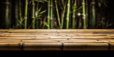 Empty wooden product display table with oriental bamboo background. Generative aiの素材
