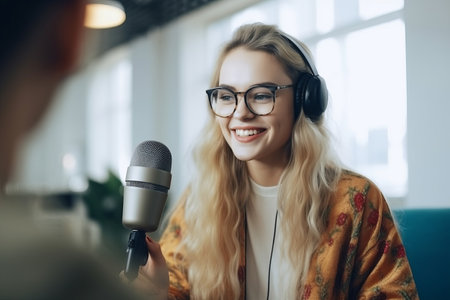 A female content creator making a podcast with a microphone. Generative aiの素材