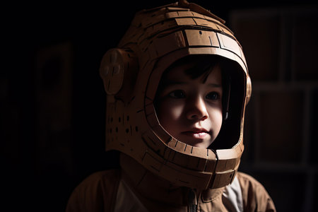A portrait of a child wearing a homemade astronaut space helmet. Childhood ambition concept. Generative aiの素材
