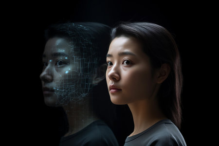 Person looking at a digital Artificial intelligence version of themselves. Deep fake. Generative aiの素材
