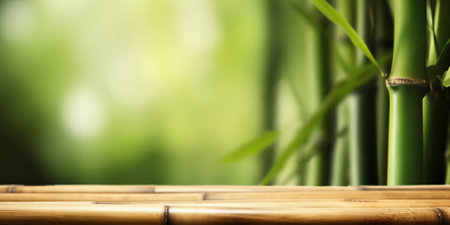 Empty wooden product display table with oriental bamboo background. Generative aiの素材