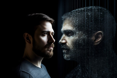 Person looking at a digital Artificial intelligence version of themselves. Deep fake. Generative aiの素材