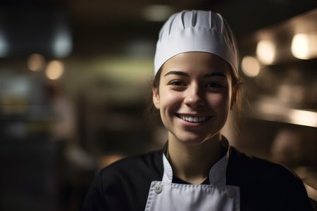 Portrait of a caucasian female chef working in a professional kitchen. Generative aiの素材