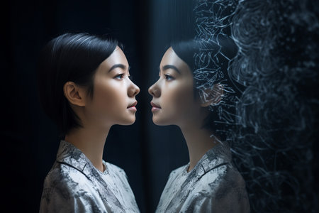Person looking at a digital Artificial intelligence version of themselves. Deep fake. Generative aiの素材