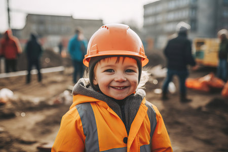 Portrait of a child construction worker wearing hard hat. Generative ai.の素材