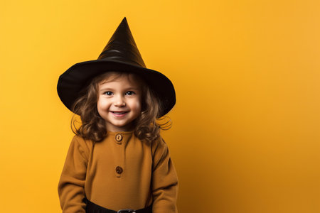 A happy girl dressed in a witch costume for halloween against a yellow background. Generative aiの素材