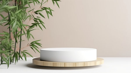 Bamboo product display podium for natural product. Empty scene with bamboo branch. Generative aiの素材