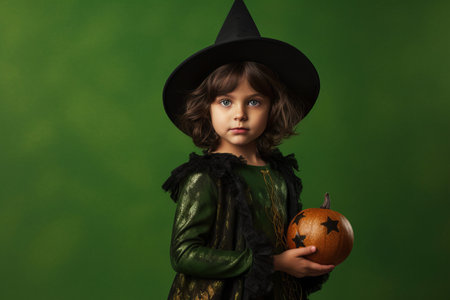A girl dressed as a witch in a green dress with witches hat. Generative aiの素材