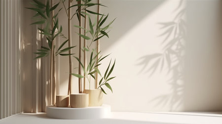 Bamboo product display podium for natural product. Empty scene with bamboo branch. Generative aiの素材