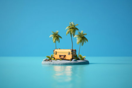 Tropical island with a yellow travel suitcase. Generative aiの素材