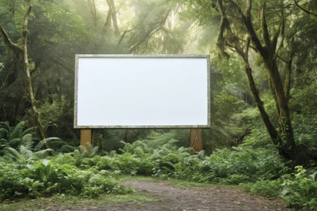 Blank white advertising billboard sign in a green forest environment. Generative aiの素材