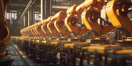 Robotic arm production line in a factory. Modern industry. Generative aiの素材