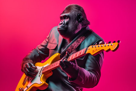 A gorilla rockstar musician playing guitar in a band. Generative aiの素材