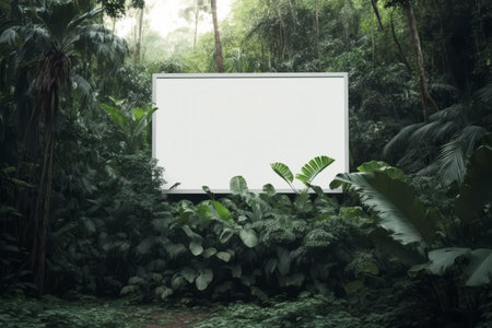 Blank white advertising billboard sign in a green forest environment. Generative aiの素材