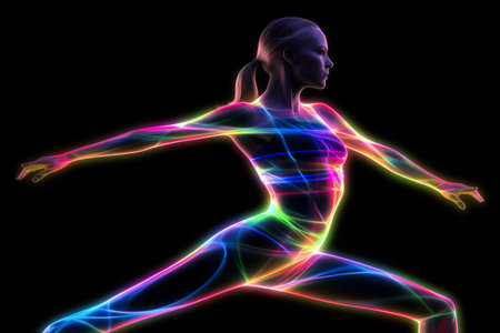 Dramatic portrait of an athletic female with neon glowing lines. Generative aiの素材