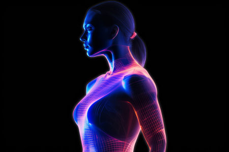 Dramatic portrait of an athletic female with neon glowing lines. Generative aiの素材