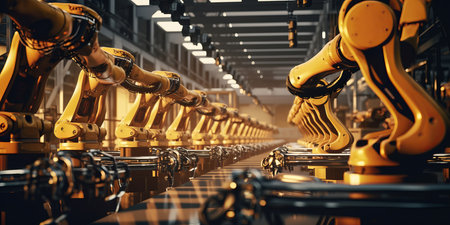 Robotic arm production line in a factory. Modern industry. Generative aiの素材