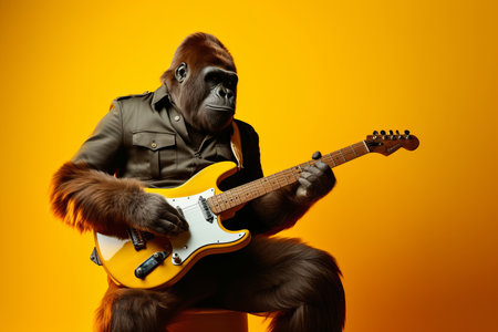 A gorilla rockstar musician playing guitar in a band. Generative aiの素材