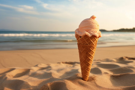 Summer ice cream cone on a sandy beach. Generative aiの素材