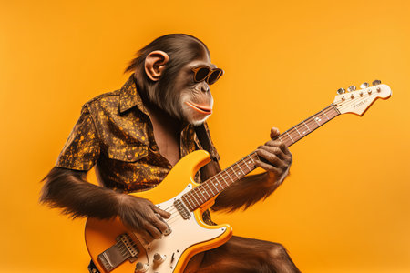 A chimpanzee musician playing guitar in a band. Generative aiの素材