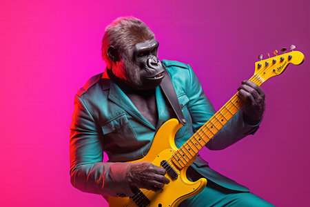 A gorilla rockstar musician playing guitar in a band. Generative aiの素材
